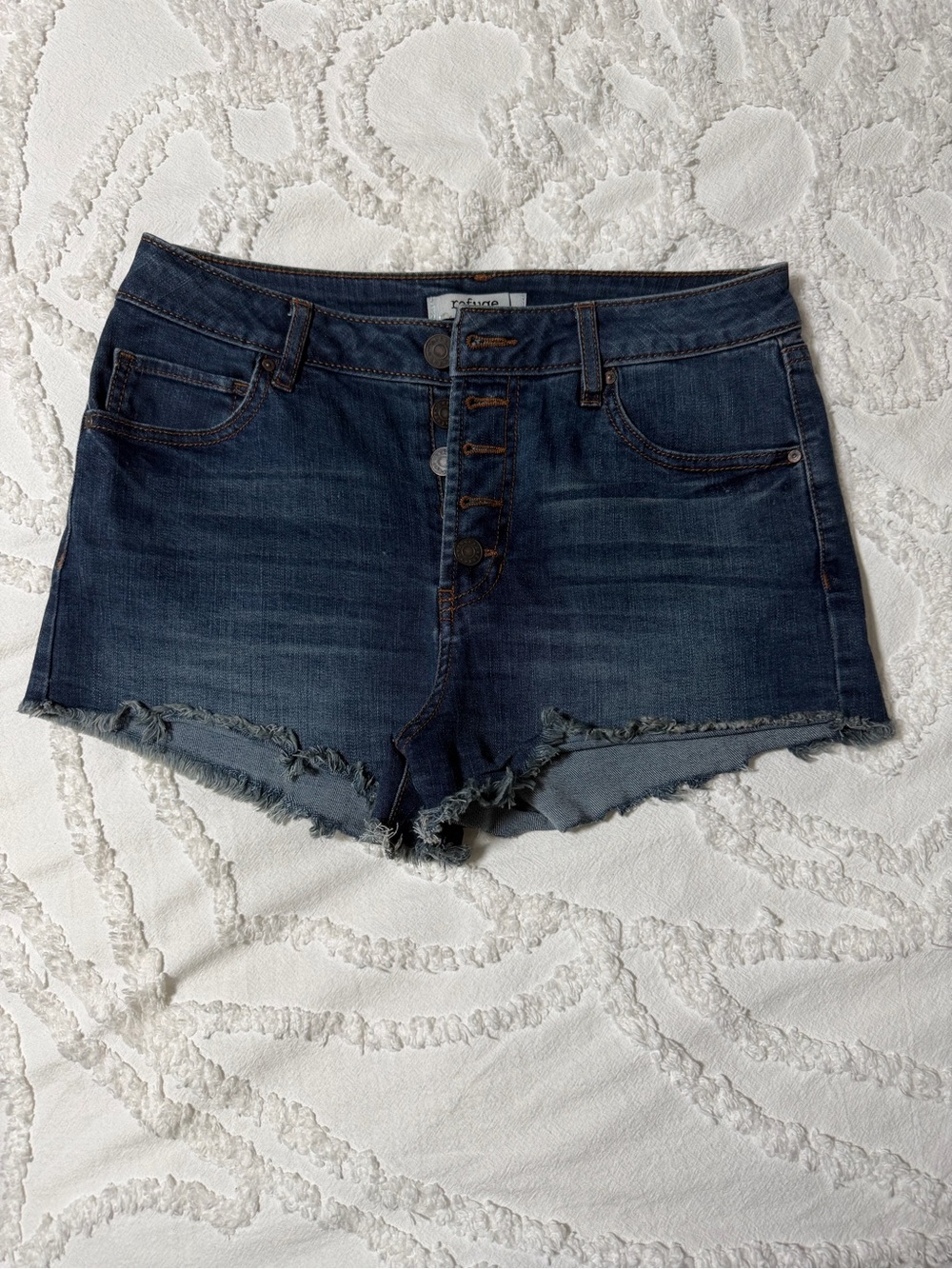 Refuge Dark Blue High-Rise Button-Front Denim Shorts